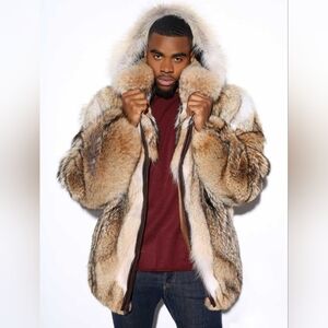 Luxury Men's Fur  Hooded Coat - Natural Brown Brand New Size Mens 1X - 4X